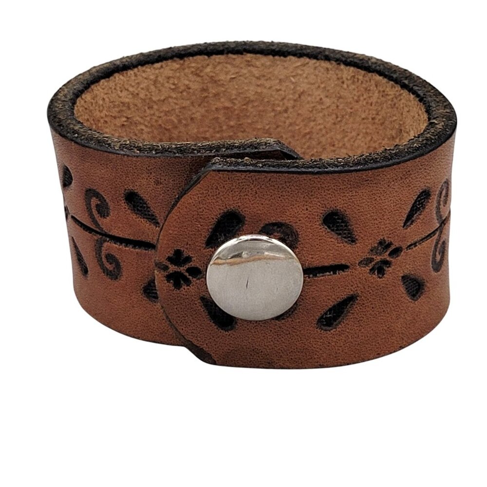 Tooled Brown Leather Cuff Bracelet Snap Close Abstract Design Fits Up To 5"